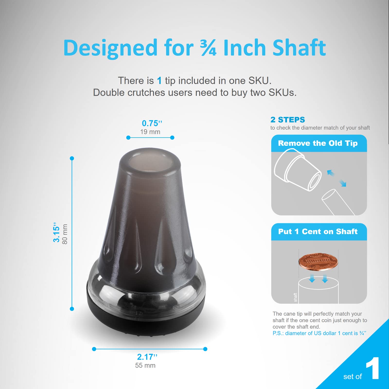 Healthbazaar Air Cushion Cane Tip (1 PC), 3/4'' Cane Tip for Black Red Blue Purple Canes & Crutches, 3/4 Inch Cane Tip Heavy Duty, Rubber Replacement Foot Pad, Walking Cane Tip and Crutch Tip