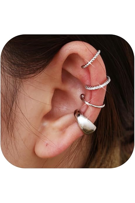 Cuff Earrings For Women 4-Pack Sterling Silver Ear Cuffs (Non