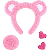 Clovilet 3 Pcs Bear Cosplay Set Bear Headband Tail &Iron-On Patch Accessory Set for Animal Costume (Pink)