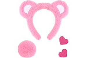 Clovilet 3 Pcs Bear Cosplay Set Bear Headband Tail &Iron-On Patch Accessory Set for Animal Costume (Pink)