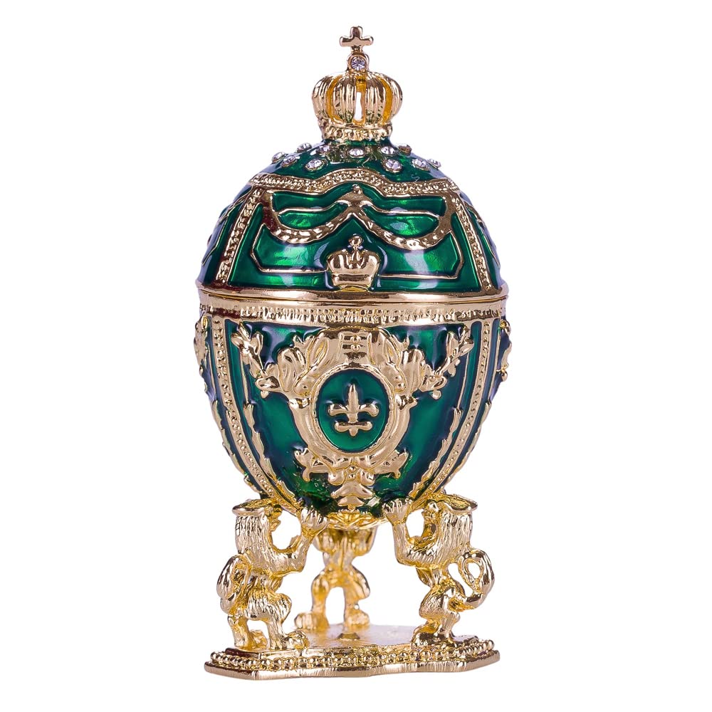 danila-souvenirs Glamorous Style Easter Egg Trinket Jewel Box with Lions and Imperial Crown 7,5 cm green