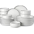 MALACASA Plates and Bowls Sets, 24 Pieces Modern Porcelain Dinnerware Set for 8 White Kitchen Dinner Dining Ware Set wtih Black Rim Ceramic Dishware Dishes Microwave and Dishwasher Safe, Series LUNA