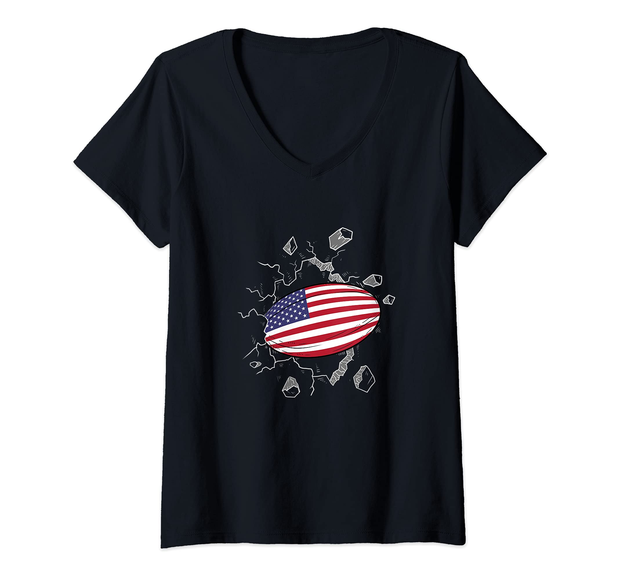 Womens Proud US Rugby Gear America Flag Rugby Ball Sports V-Neck T-Shirt