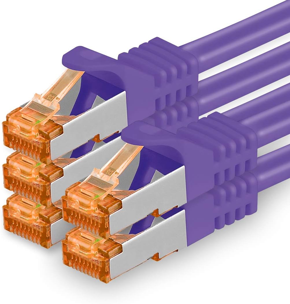 1aTTack Cat.7 ethernet cable 0,25m - Violet - 5 pieces - Cat7 lan network 10GBASE-T - 10000 Mbps (Sftp Pimf) double shielded patchcable RJ45 plug Cat.6a
