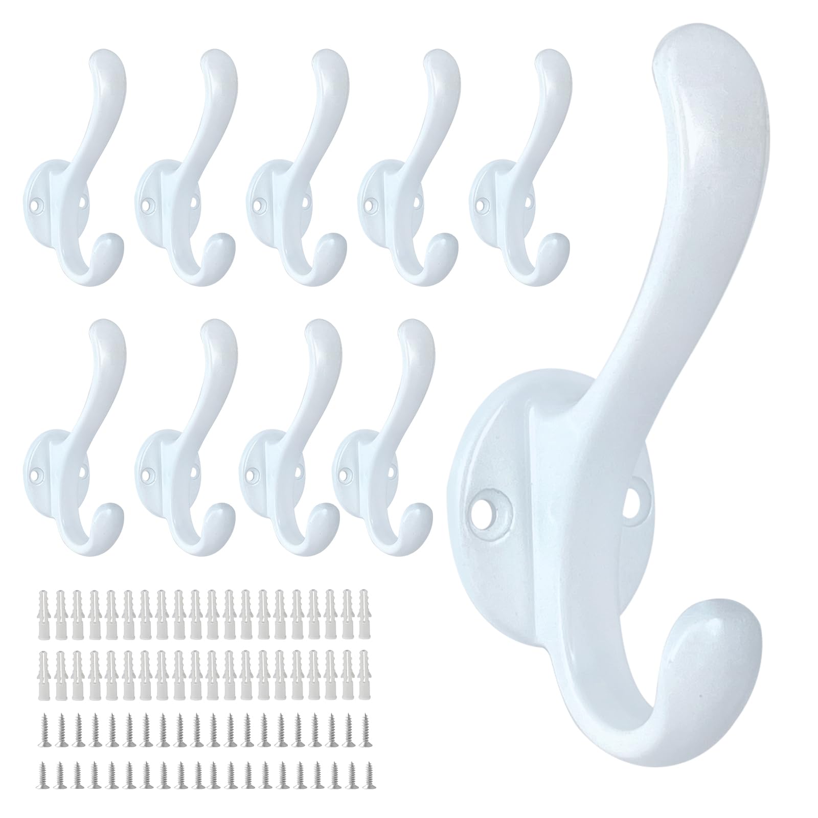 Photo 1 of PEOIAOY 10 Pack Coat Hooks Wall Mount Heavy Duty Utility Retro Double Hooks for Hanging Coats,Hat, Towel, Key, Robe, Scarf, Bag, Cap (White)