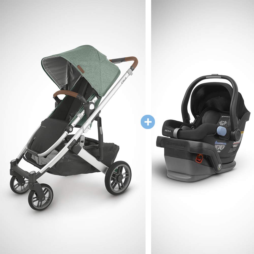 UPPAbaby Cruz V2 Stroller - Emmett (Green Melange/Silver/Saddle Leather) + Mesa Infant Car Seat - Jake (Black)