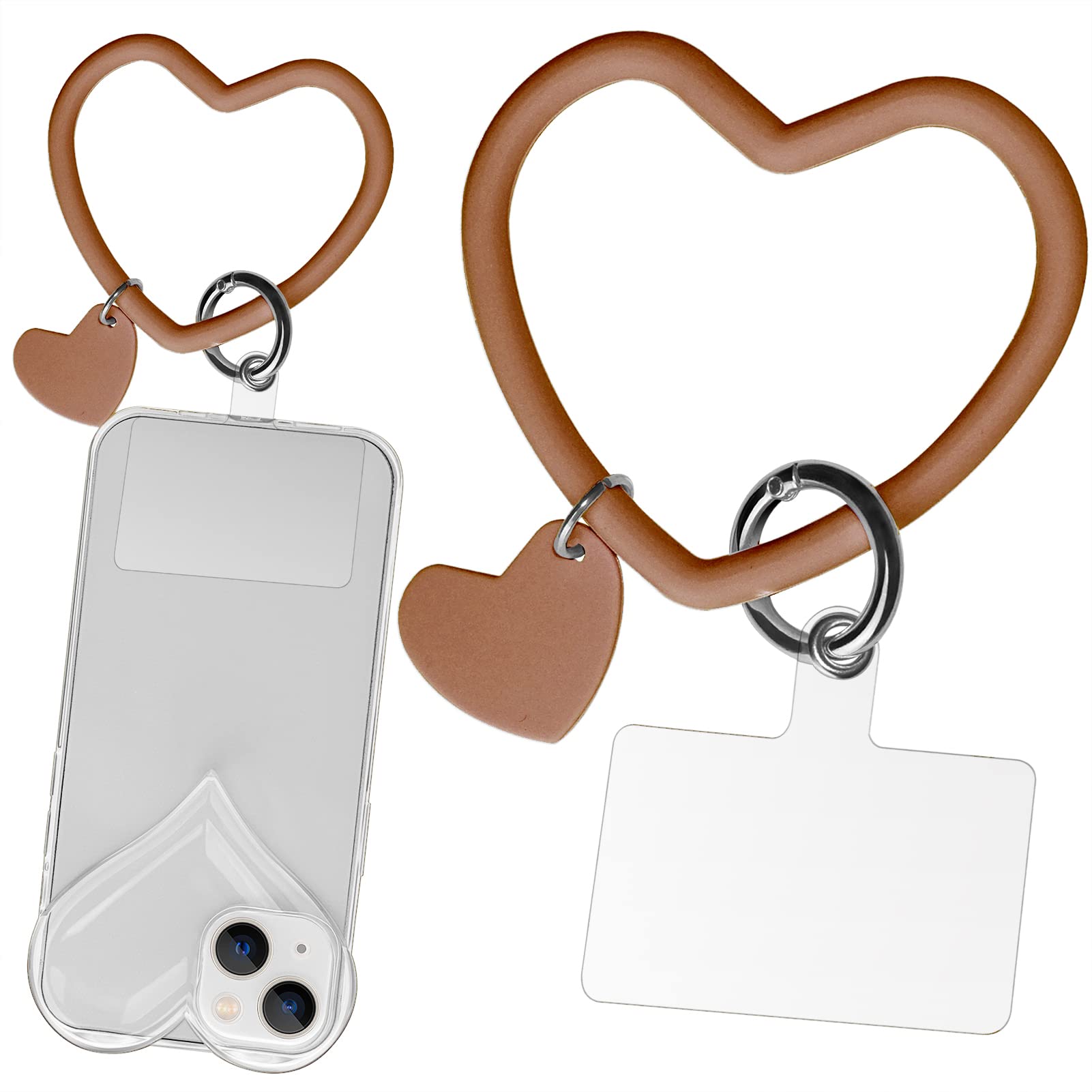 Naiadiy Silicone Heart Loop Phone Lanyard, Cell Phone Hand Wrist Lanyard Strap with Key Chain Holder, Universal Compatible with Phone Case Anchor Fit All Smartphones-Brown