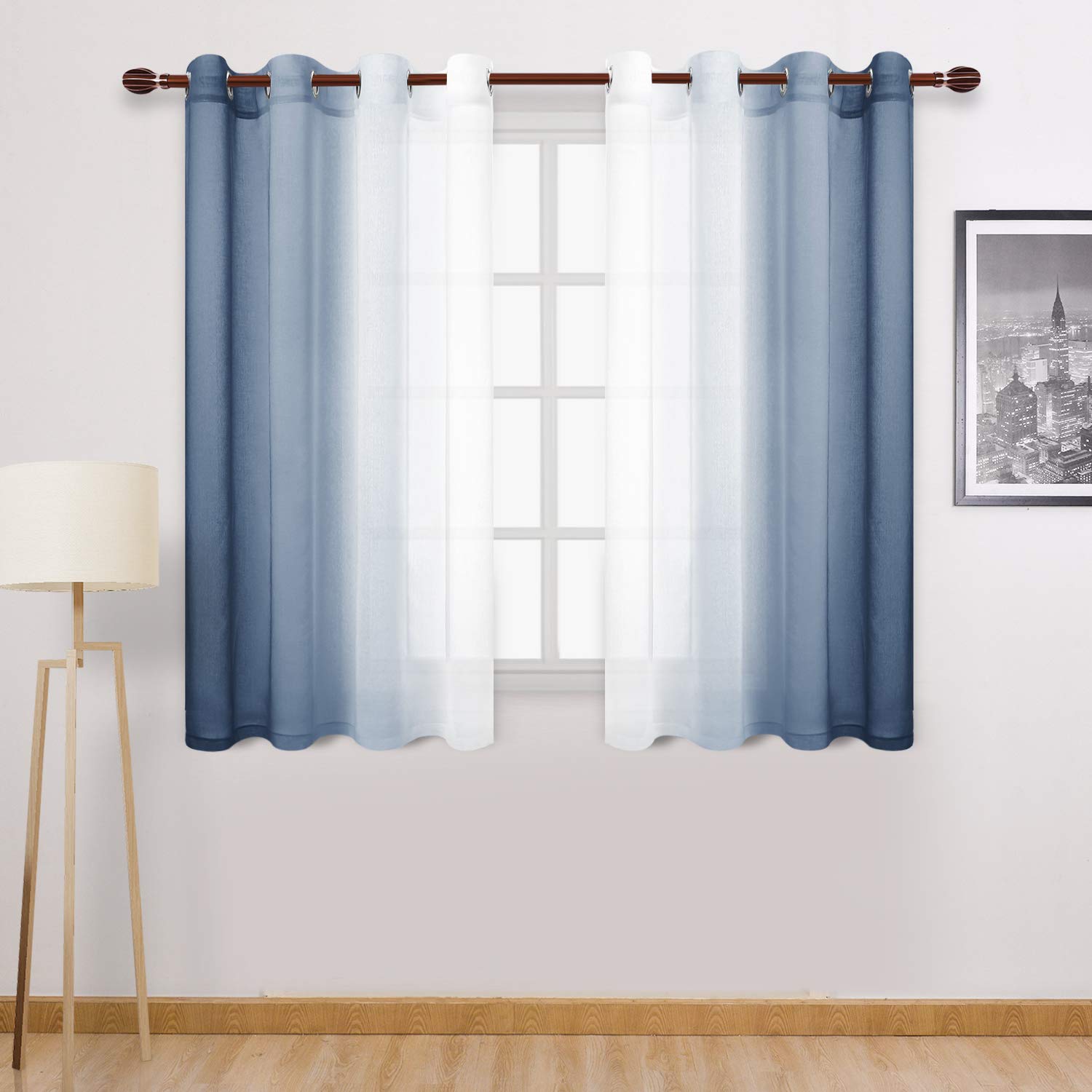 DWCN Ombre Sheer Curtains - Faux Linen Semi Voile Grommet Top Gradient Curtains for Bedroom and Living Room, Set of 2 Window Curtain Panels, 52 x 54 Inch Length, Denim Blue