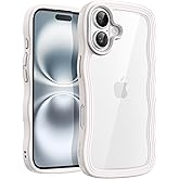 JETech Wavy Case for iPhone 16 6.1-Inch, Cute Wave Frame Curly Shape Shockproof Phone Cover for Women and Girls, Clear Hard PC Back (White)