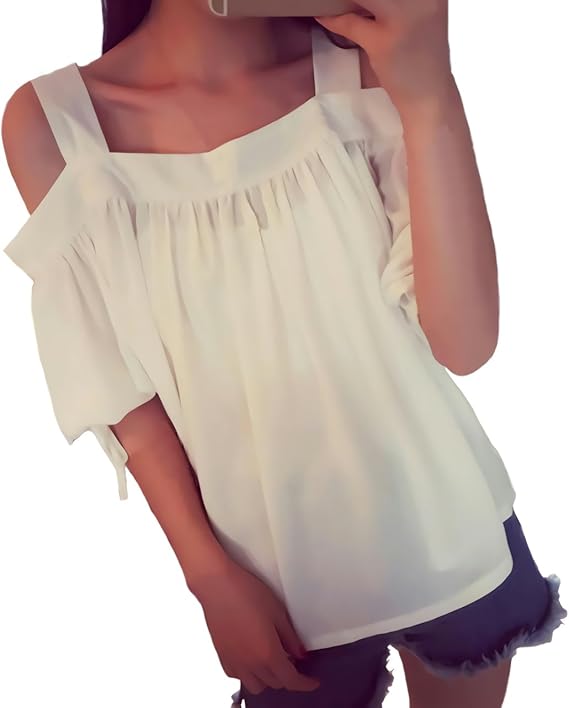 Amazon Co Jp 二オファッション レディース 可愛い トップス ふわふわ 白 チュニック 肩出し プルオーバー 避暑地 オフショルダー 涼しい リボン 甘め フリー サイズ 服 ファッション小物