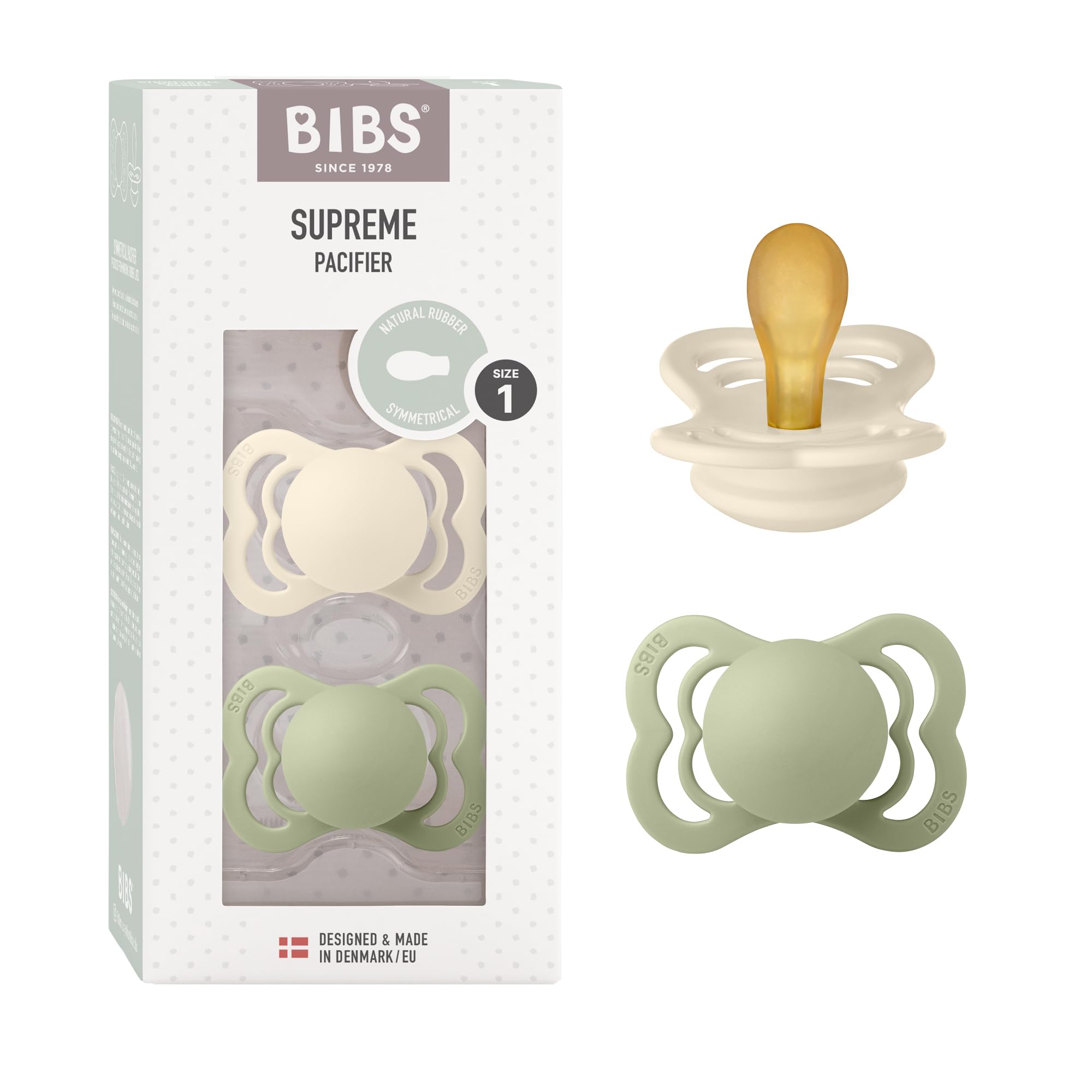 BIBS Supreme Soother 2-Pack, BPA Free Dummy Pacifier, Symmetrical Nipple. Natural Rubber Latex, Size 1 (0-6 Months), Ivory/Sage