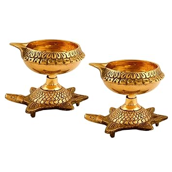 Hashcart Handmade Brass Kuber Diya with Turtle Base, Engraved Design Diyas for Pooja and Return Gifts- (Gold)