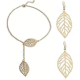 WCRAZYE Bohemian Leaf Earrings and Necklace Set for Women Unique Simple Gold Silver Lightweight Cutout Leaf Dangle Drop Earrings Fashion Filigree Leaf Y Necklace Gold Leaves Y Lariat Necklace Choker Jewelry Gifts