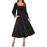 ZESICA Women's Velvet Long Sleeve Dresses 2026 Winter Square Neck Smocked Ruffle A Line Flowy Cocktail Party Midi Dress