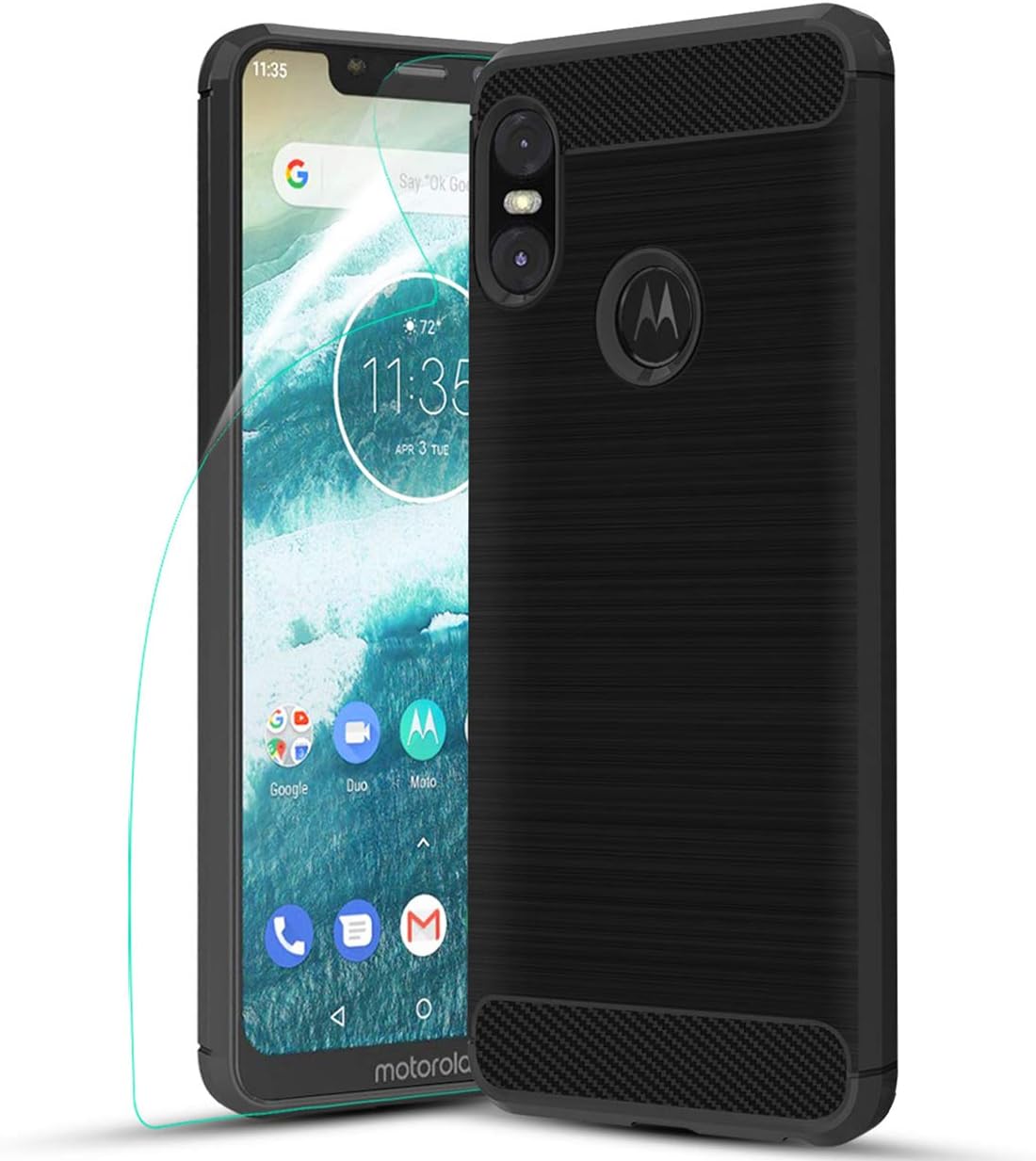 Motorola One Case 2018 w/Screen Protector,Motorola Moto One Phone Case,Moto P30 Play TPU Phone Case Skin,Carbon Fiber Brushed Soft Slim Anti-Scratch Anti-Slip Rubber Bumper Protective Case Cover,Black