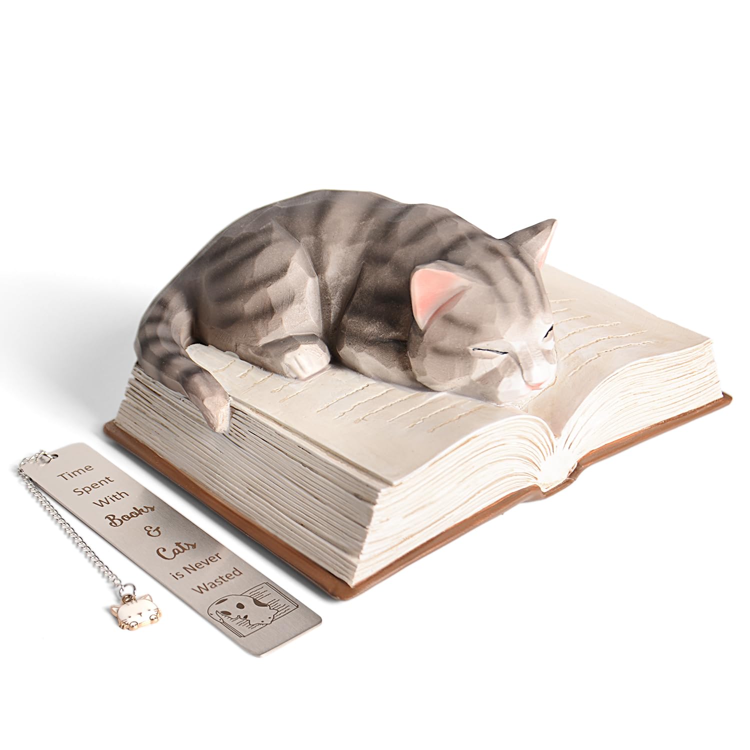 Vofstand Cat Lovers Gifts for Women - Cat Ornaments with Cats Bookmark for Book Lovers, Cute Sleeping Cat's Figurines Kat Book Themed Presents for Home Bookshelf Decorations