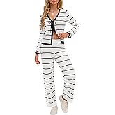 ETOSELL Women's Striped Knit Two Piece Set Tie Front V-Neck Crop Top & Wide Leg Pants Lounge Set Comfy Fall Outfits
