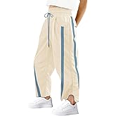 aswulk Womens Wide Leg Pants Baggy Drawstring Elastic Waist Stripe Casual Track Pants