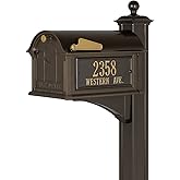 Whitehall Custom Extra Large Mailbox - Balmoral Model with Address Plaques and Side Mount Post Package, Sand Cast Aluminum, Bronze Personalized in Goldtone