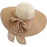 Summer Pearl Bow Women Beach Sun Hat Foldable Grass Hat Lady Beige Brown Color Matching Sunshade Straw Hats