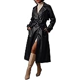 Bellivera Women Faux Leather Classic Lapel Belt Loose Trench Coat | Long Single Breasted Jacket Fall Windbreaker Trendy Oversized Outerwear with Pockets, Back Slit and Adjustable Cuffs