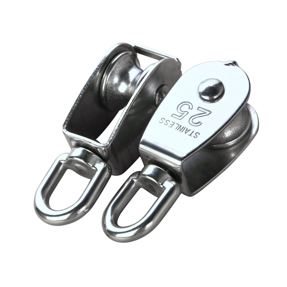 2Pcs M25 Silver Single Pulley Block 304 Stainless Steel Single Wheel Wirerope Traction Trolley Crane Swivel Hook Pulley Roller Loading 150kg(M25)