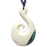 Swimmi Hand Carved Bone Fish Hook Necklace, Handmade Abalone Necklace, Waxed Cord Fish Hook Bone Necklace for Women Men Jewelry EA360