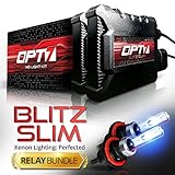 OPT7® Blitz Slim HID Xenon Conversion Kit w/ Relay Harness & Capacitors - 2 Year Warranty - H11 (6000K, Lightning Blue)
