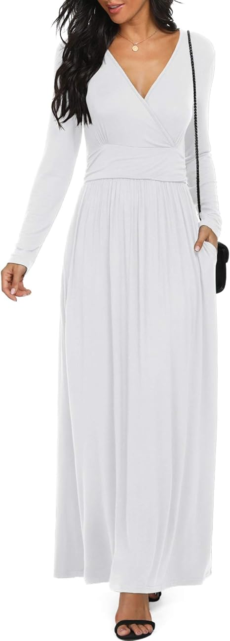 LILBETTER Women Long Sleeve Deep V Neck Loose Plain Long Maxi Casual Dress(1White Large): Amazon 