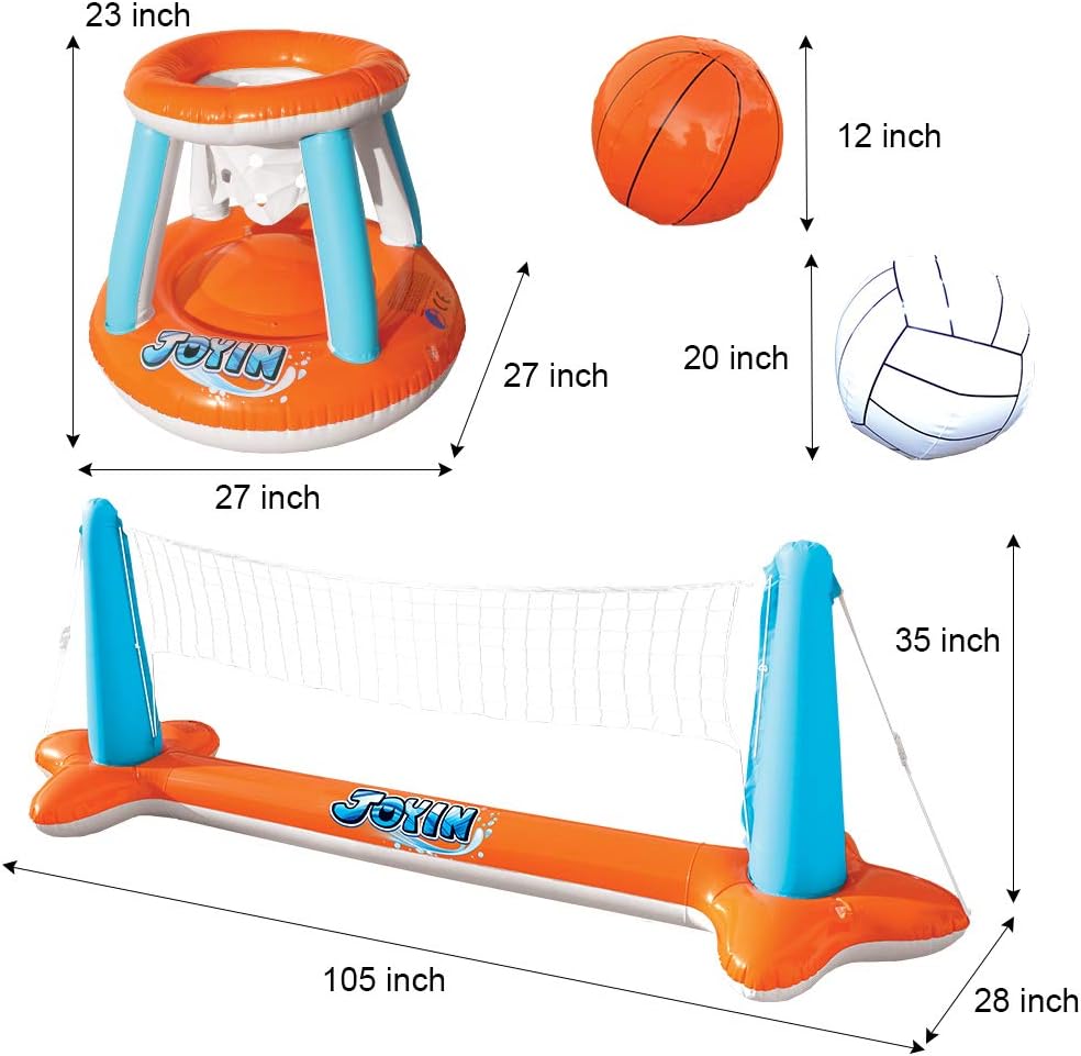 Inflatable Pool Float Set Volleyball Net & Basketball Hoops; Balls Included for Kids and Adults Swimming Game Toy, Floating, Summer Floaties, Volleyball Court (105”x28”x35”)|Basketball (27”x23”x27”).: Sports & Outdoors