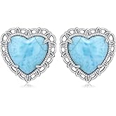 BETHZA Natural Larimar Stud Earrings 925 Sterling Silver Heart Shaped Real Larimar Gemstones Earring Summer Beach Jewelry for Women