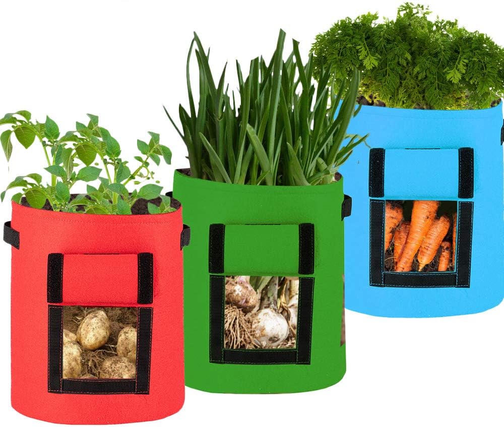 Lixoto Grow Bags Portable 7 Gallon Garden Vegetables Planter Bag with Handles and Access Flap for Planting Potato Carrot Onion Taro Radish Peanut, 3-Pack (Random Color)