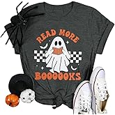 Halloween Teacher Shirts for Women Groovy Read More Books Ghost T-Shirt Short Sleeve Halloween Party Tee Tops