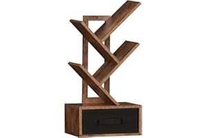 SHEEPAM Small Bookshelf with Drawer,4 Tier Tree Book Shelf,Wood Desk Bookshelves,Modern Free Standing Desktop Display Shelves,Brown Floor Standing Organizer Bookcase for Living Room,Bedroom,Office