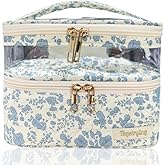 Tegelrying Travel Makeup Bag,Double Layer Large Cotton Quilted Makeup Pouch Soft Cosmetic Organizer with Handles,Cute Make up Case Toiletry Bags for Women,Blue Flroal