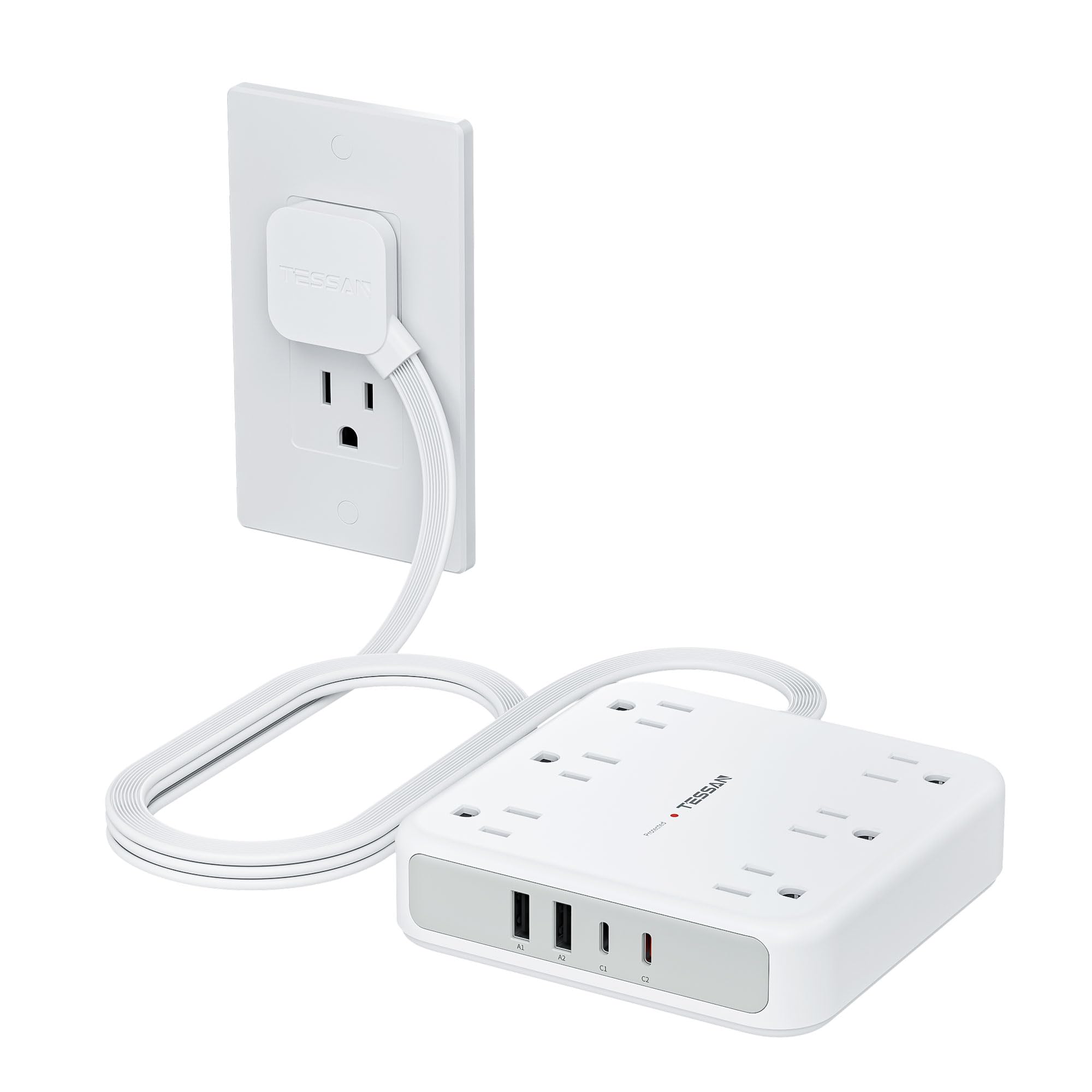 Photo 1 of Surge Protector Power Strip 2100J, TESSAN 5 FT Extension Cord with Multiple Outlets Flat Plug, 4 USB (2 USB C) and 6 AC Outlets, Multi Port Charging Station for Home Office Dorm Room Essentials