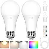 2-Pack A19 Rechargeable Light Bulbs with Remote, 15 Colors Shift + Dimmable Battery Operated Detachable LED Bulbs with 3 Time