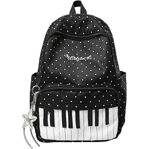 Tyncki Piano Backpack, Cute Polka Dot Y2K Backpack with Piano Key Design and Star Pendant, Lightweight Nylon for Women, Schoo