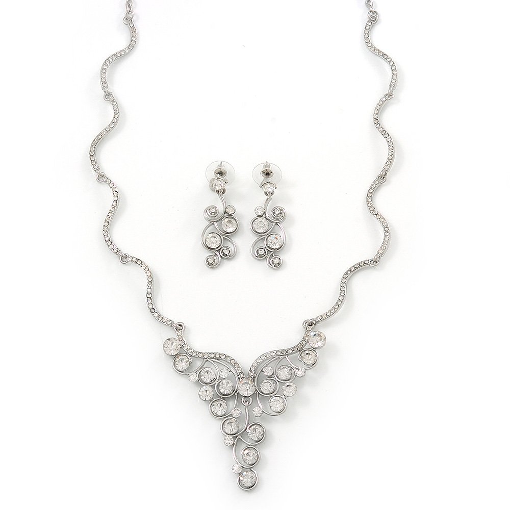 Avalaya Diamante Bib Necklace & Drop Earrings Set In Silver Plating - 44cm Length/ 6cm Extension