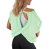 Panadila Womens Open Back Workout Top Oversized Workout T Shirts Backless Athletic Shirt Short Sleeve Baby Tee