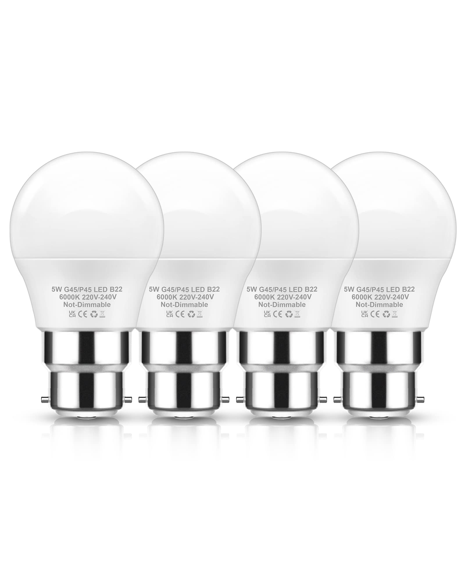 EvaStary B22 LED Bayonet Light Bulbs, G45 Golf Ball LED Bayonet Bulb 40W Equivalent, 6000K Cool White, G45 Mini Globe Light Bulb BC/B22 Bayonet Cap, Non-Dimmable, 4 Packs