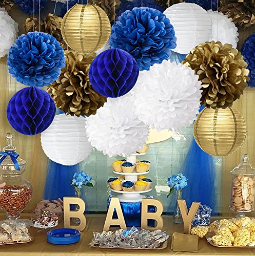 Wcaro White Navy Blue Gold 8inch 10inch Tissue Paper Pom Pom
