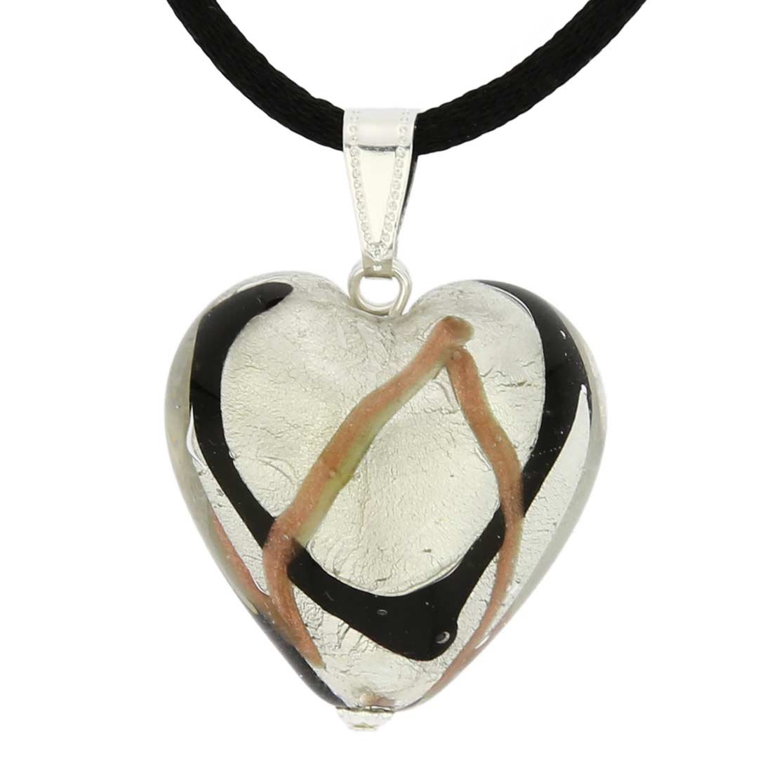 Glass Of Venice Murano Glass Heart Pendant - Black Waves Silver