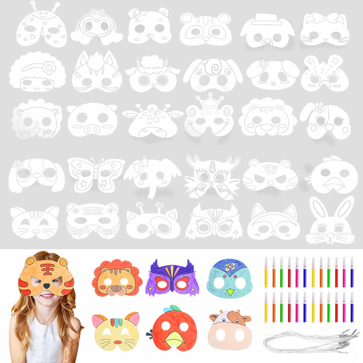 VLUVLA 32PCS Animal Masks for Kids, DIY Colouring Craft Kit with 32 Blank Masks, 24 Watercolor Pens, 32 Elastic Cords & 4 Sample Sheets, Jungle Safari Party Activity Set