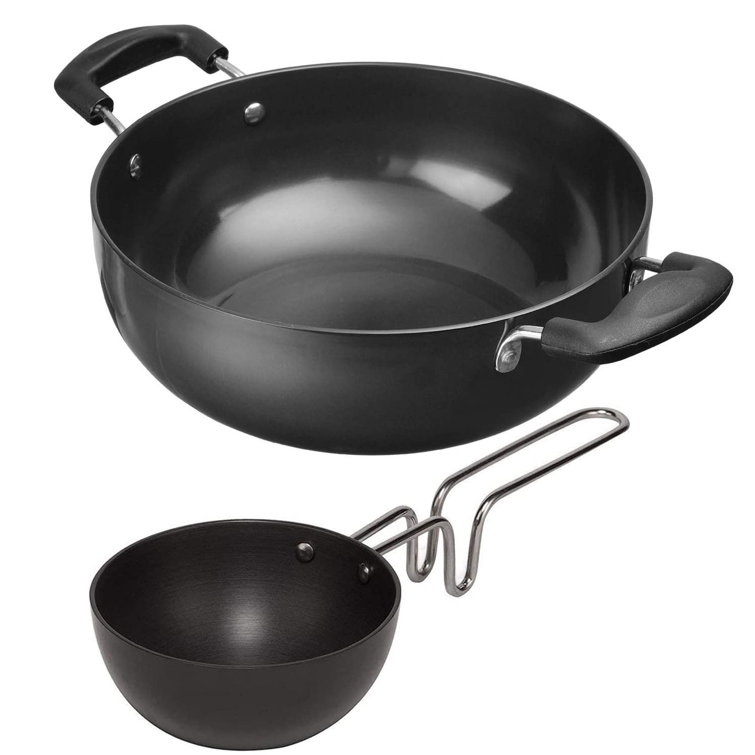 Satre Online And Marketing Hindalco Aluminium Kadhai Size No-12 with Hindalco Aluminium Tadka Pan Combo Set of 2,Aluminium Kadai with Tadka Pan,Indian Frying Pan or kadai,color-Black