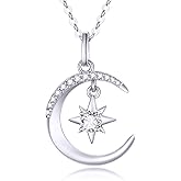 14k Gold Moon Necklace for Women, Real Gold Moon and North Star Pendant with Chain, Jewelry Gifts for Her, 16+1+1 Inch