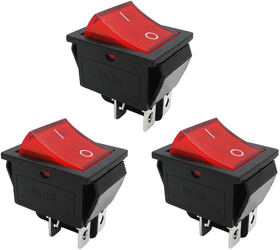 mxuteuk 3pcs AC 220V Red Light Illuminated Snap-in Boat Rocker Switch Toggle Power DPST ON-Off 4Pin 2Position AC 250V 6A 125V 10A KCD4 Switch