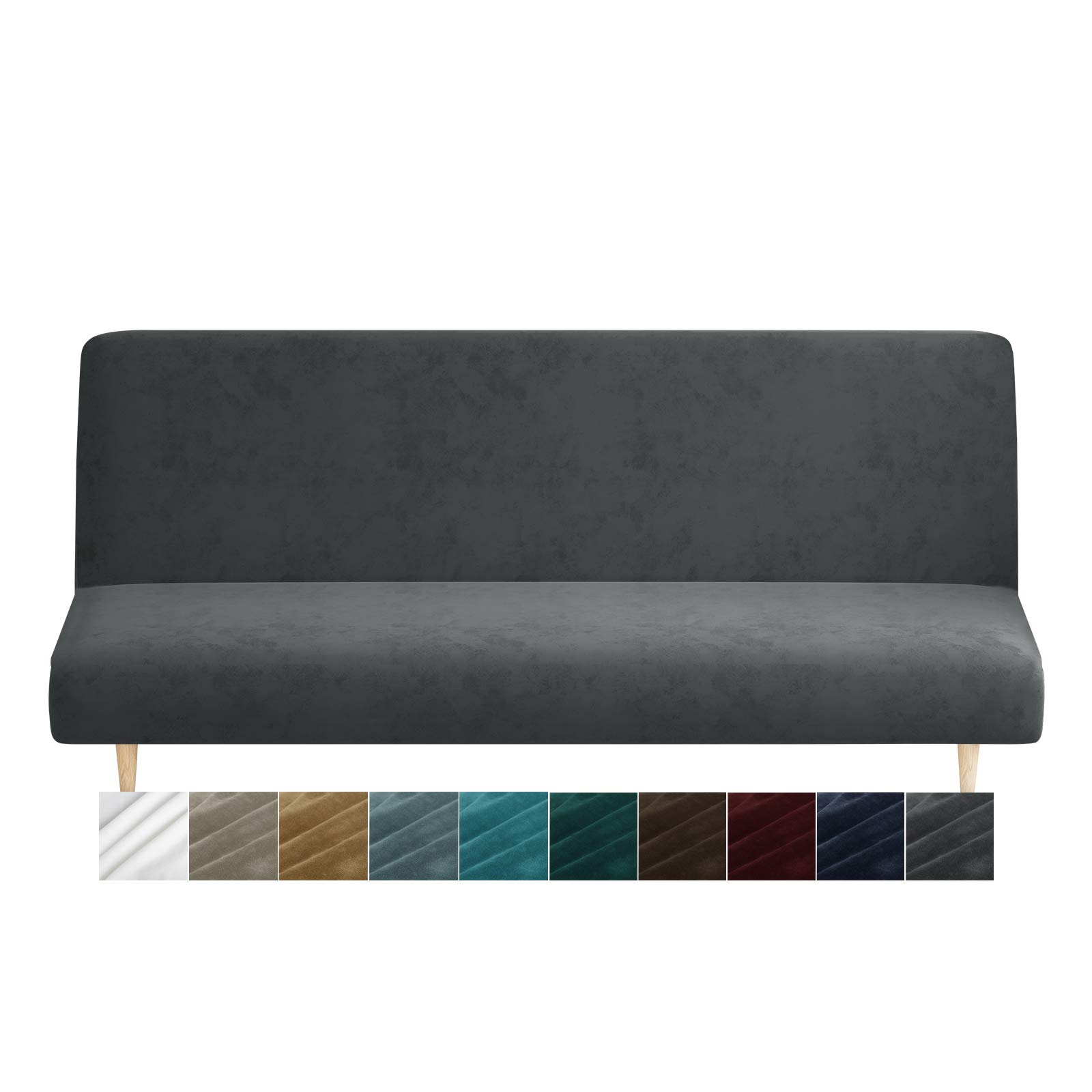 XINEAGE Velvet Futon Cover High Stretch Armless Couch Covers Spandex Fabric Sofa Bed Slipcover Anti Slip Furniture Protector with Elastic Bottom Machine Washable (Futon, Gray)