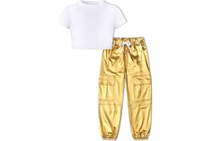 Betusline Girls & Women 2 Piece Outfits, Short Sleeve Crop Top Cargo Pants Trendy Clothing Sets, 4T- Women XL
