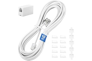 Uvital Phone Extension Cord 10Ft(3m), Telephone Cable with Standard RJ11 Plug and 1 in-Line Couplers and 10 Cable Clip Holder